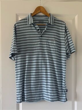Patagonia Men's Striped Polo Shirt - Light Blue, Navy & White Squeaky Clean L